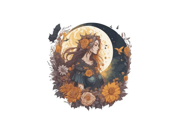 Akvarell Boszorkány Sötét Erdőben Körül Fák Virágok Vektor Illusztráció Előfizetői — Stock Vector