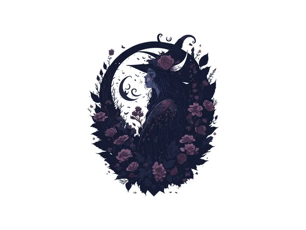 Akvarel Čarodějnice Tmavém Lese Obklopen Stromy Květy Vektorové Ilustrační Kliparty — Stockový vektor