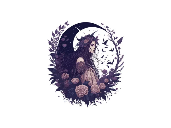 Acuarela Bruja Bosque Oscuro Rodeado Árboles Flores Vector Ilustración Clipart — Vector de stock