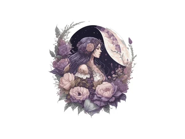 木や花に囲まれた暗い森の水彩魔女 ベクターイラストクリップ — ストックベクタ