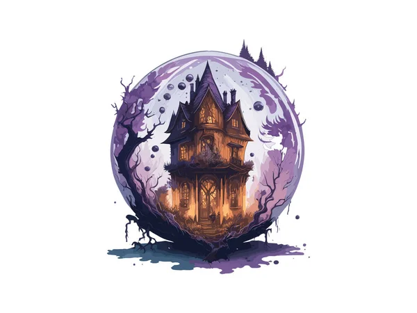 Τρομακτικό Σπίτι Τρόμου Στη Μαγεία Κρυστάλλινη Σφαίρα Υδατογραφία Διάνυσμα Εικονογράφηση — Διανυσματικό Αρχείο