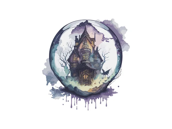 Kísérteties Horror Ház Mágikus Kristálygömb Akvarell Vektor Illusztráció Előfizetői — Stock Vector