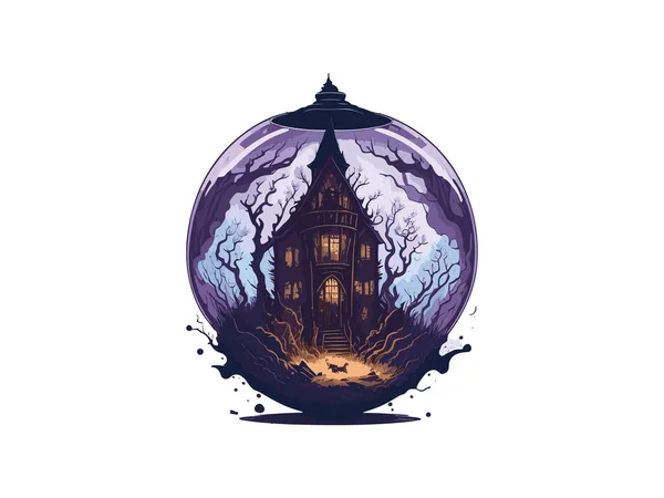 魔法のクリスタルボール水彩画ベクターイラスト素材の不気味なホラーハウス — ストックベクタ
