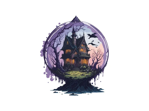 神奇水晶球水彩画中的恐怖屋 — 图库矢量图片