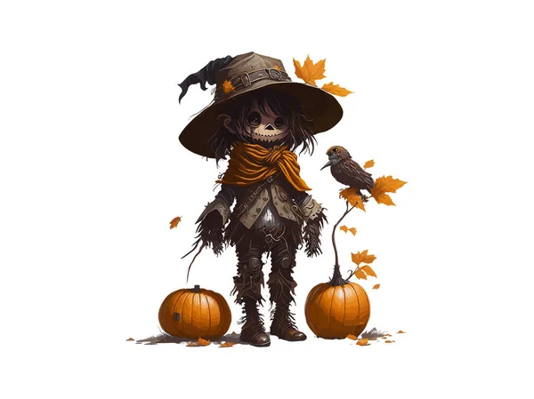 Akwarela Strach Wróble Postać Kapelusz Czarownicy Halloween Dynia Wektor Ilustracja — Wektor stockowy