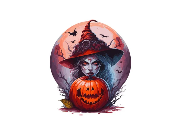 Spookachtige Heks Gezicht Magische Kristallen Bal Met Halloween Pompoen Aquarel — Stockvector