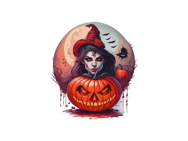Upiorna Twarz Czarownicy Magicznej Kryształowej Kuli Halloween Dyni Akwarela Wektor — Wektor stockowy