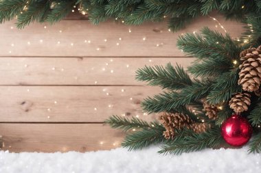 Noel arkaplanı köknar ağacı ve Noel süsleme elementleri. Kopyalama alanı olan üst görünüm