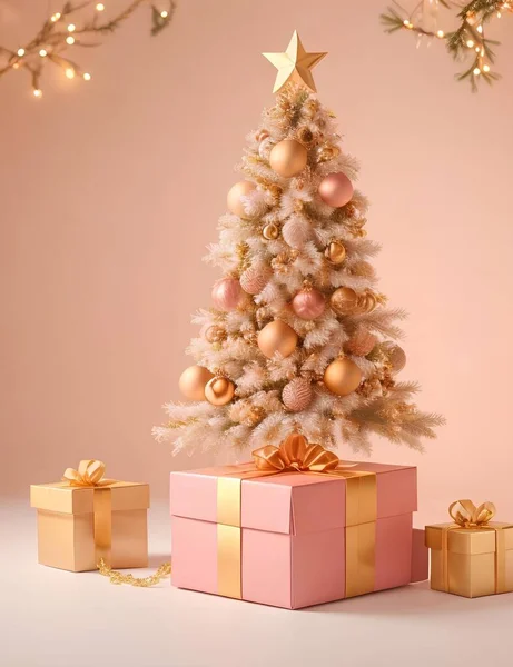 Zlatý Vánoční Stromek Dekorací Dárkové Krabice Zázemí — Stock fotografie