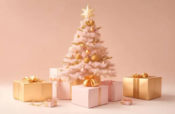 装飾およびギフト用の箱が付いている黄金のクリスマスの木 — ストック写真