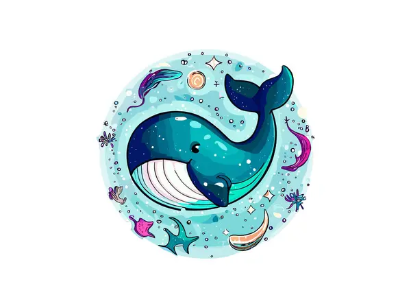 Akvarel Modrá Velryba Podmořskou Mořskou Pláštěnkou Vektorové Ilustrační Kliparty — Stockový vektor