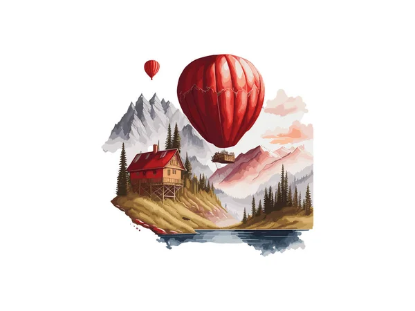 Aquarel Luchtballon Svg Clip Art Met Landschap — Stockvector