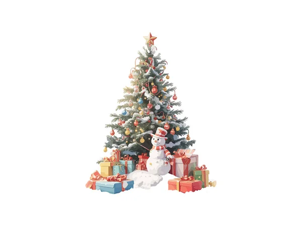 Υδατογραφία Χριστουγεννιάτικο Δέντρο Χρυσό Αστέρι Και Φως Βολβό Διάνυσμα Εικονογράφηση — Διανυσματικό Αρχείο