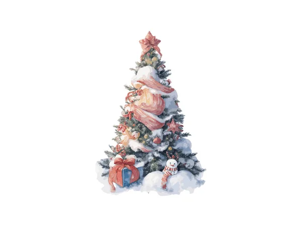 Watercolor Christmas Tree Gold Star Light Bulb Vector Illustration Merry — Stock vektor