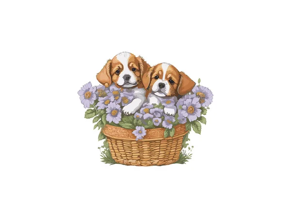 Akvarell Söt Hund Med Blommor — Stock vektor