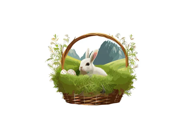 Akvarel Velikonoční Zajíček Košem Vejce — Stockový vektor