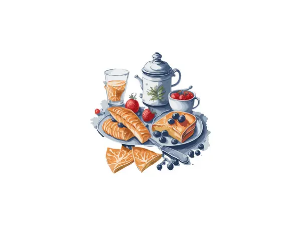 Traditional French Breakfast French Toast Spanish Torrijas Blueberries Raspberries Sugar — Stock Vector