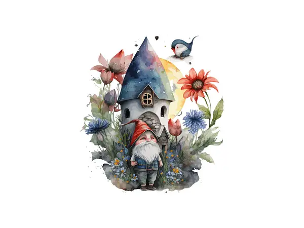 Watercolor Gnome Casa Ação Graças Outono Cogumelo Folhas Outono Girassol — Vetor de Stock