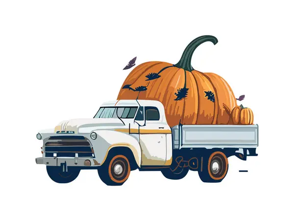 水彩の秋の収穫のトラック及びカボチャ — ストックベクタ