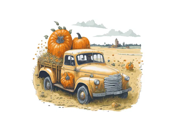 Akvarel Podzimní Sklizeň Truck Pumpkin — Stockový vektor