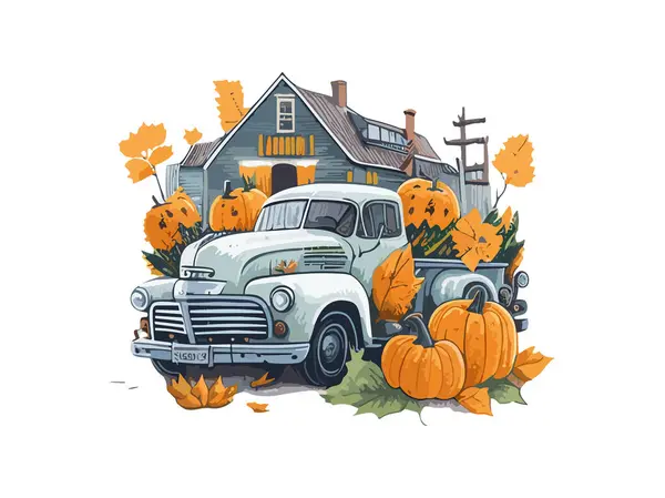 水彩の秋の収穫のトラック及びカボチャ — ストックベクタ