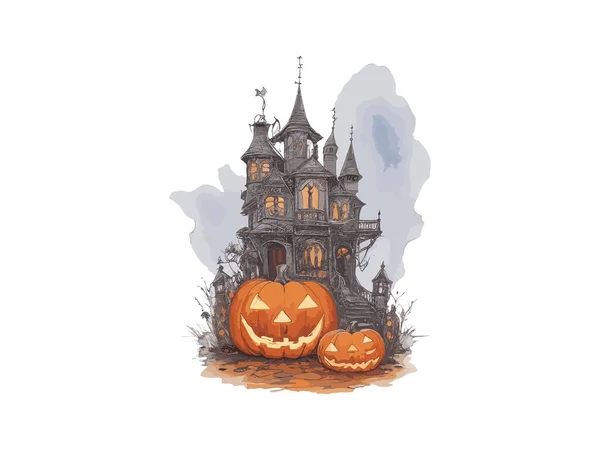 Halloween Hemsökt Hus Med Pumpa Vektor Illustration Clipart — Stock vektor