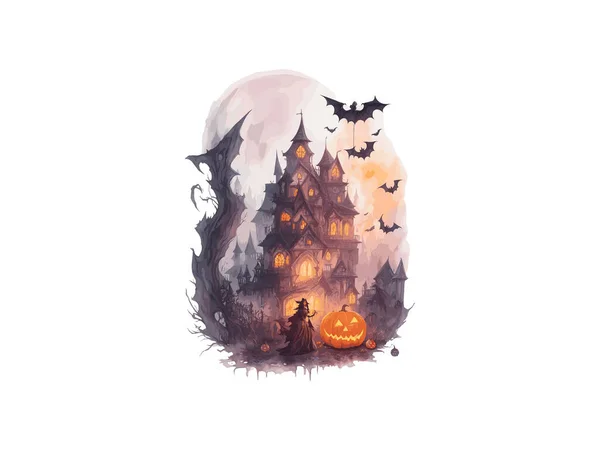 Watercolor Halloween Haunted House Pumpkin Vector Illustration Clip Art — Stock Vector