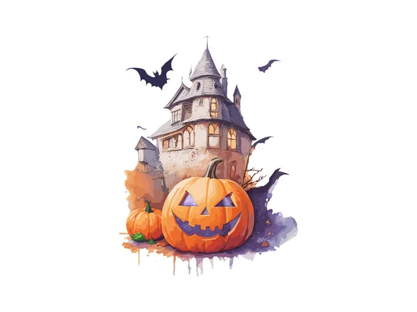 Watercolor Halloween Assombrado Casa Com Abóbora Vetor Ilustração Clip Arte — Vetor de Stock