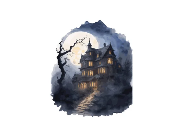 Acquerello Halloween Haunted House Con Zucca Vettore Illustrazione Clip Art — Vettoriale Stock