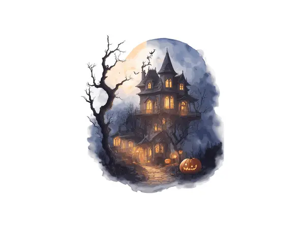 Acuarela Halloween Casa Embrujada Con Vector Calabaza Ilustración Clip Arte — Archivo Imágenes Vectoriales