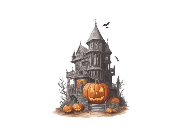Watercolor Halloween Assombrado Casa Com Abóbora Vetor Ilustração Clip Arte — Vetor de Stock
