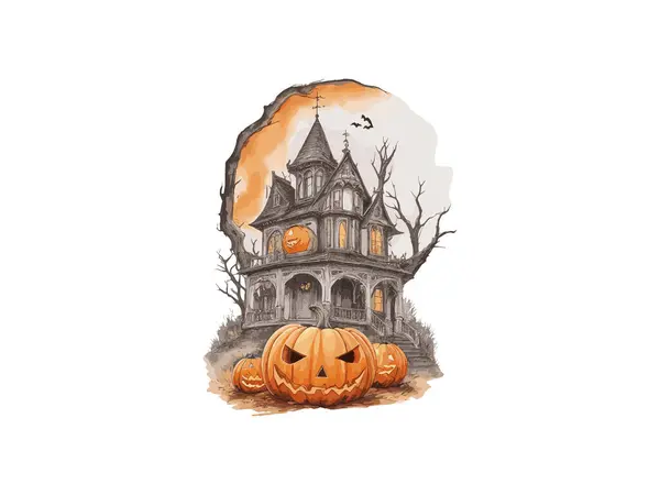 Acuarela Halloween Casa Embrujada Con Vector Calabaza Ilustración Clip Arte — Vector de stock