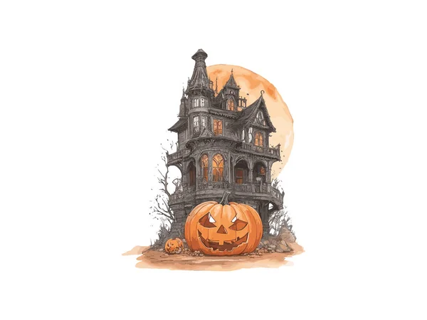 Acuarela Halloween Casa Embrujada Con Vector Calabaza Ilustración Clip Arte — Vector de stock