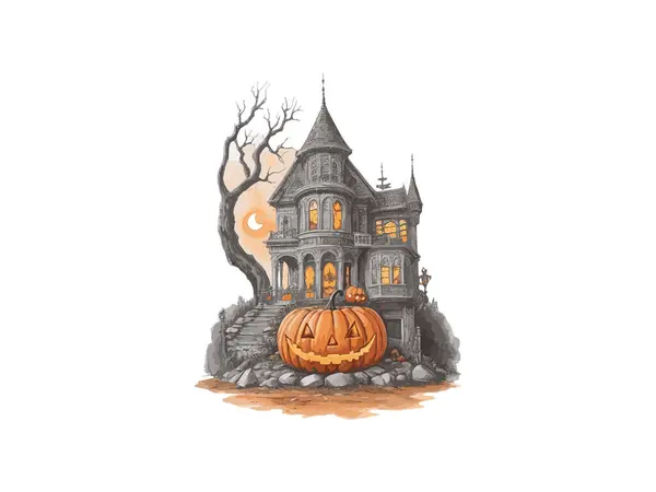 Акварель Хэллоуин Дом Привидениями Векторным Рисунком Тыквы — стоковый вектор