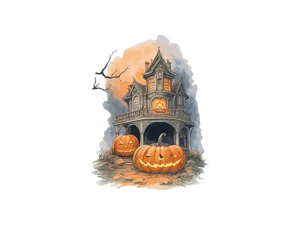 Acquerello Halloween Haunted House Con Zucca Vettore Illustrazione Clip Art — Vettoriale Stock