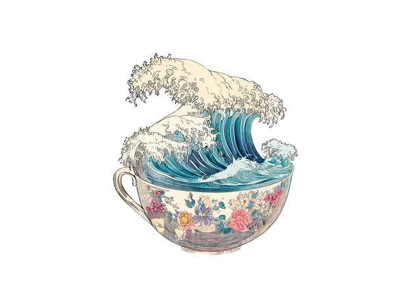 日本の伝統ラーメンと神奈川の大波をイラストのボウル浮世絵のスタイルに — ストックベクタ