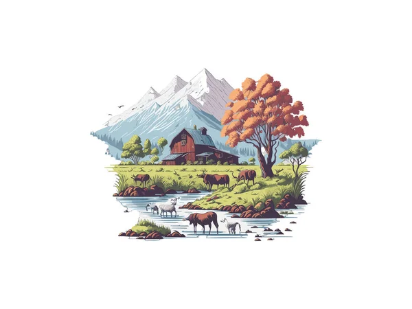 Vetor Ilustrações Natureza Paisagem Montanhas Árvores Camping Viagem Aventura Fazenda — Vetor de Stock