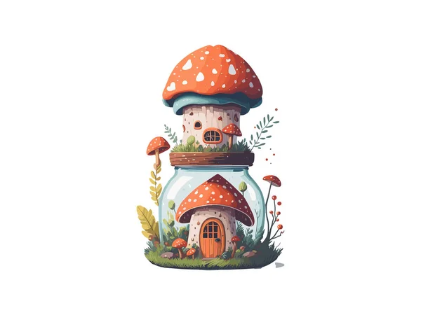 Fairy Mushroom House Acuarela Vector Ilustración Clipart — Vector de stock