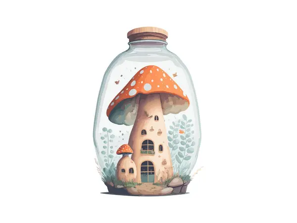 Fairy Paddestoel Huis Aquarel Vector Illustratie Clipart — Stockvector