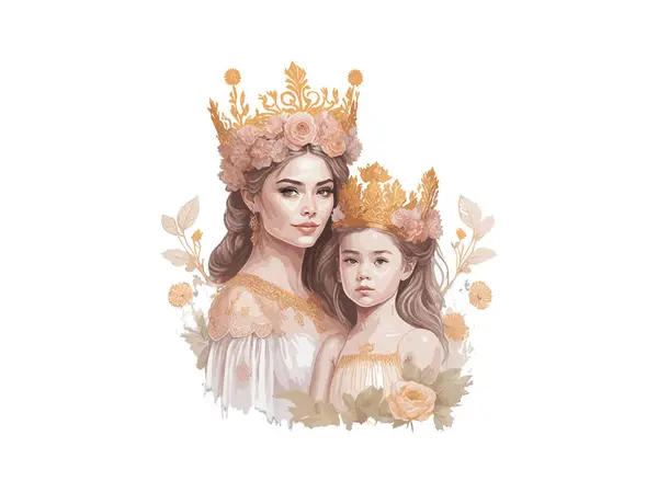 Mother Day Concept Queen Mom Daughter Royal Crown Illustration Decorated — Stock Vector