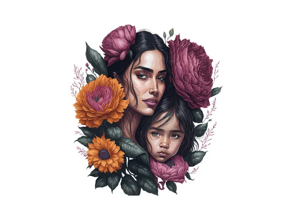 Conceito Dia Das Mães Mãe Filha Ilustração Decorada Por Flores — Vetor de Stock