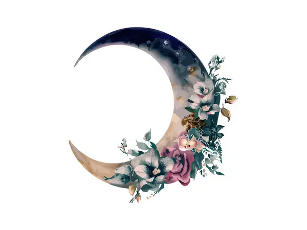Acuarela Luna Con Flores — Vector de stock