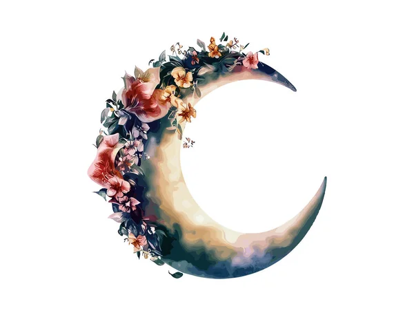 花が咲いている水彩月 — ストックベクタ