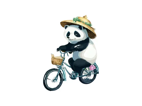 Acquerello Panda Orso Sella Una Bicicletta Campagna Stradale — Vettoriale Stock