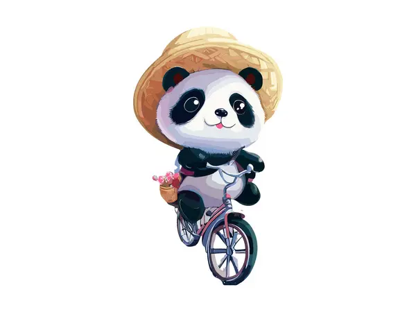Watercolor Panda Bear Riding Bike Countryside Road — Stock Vector