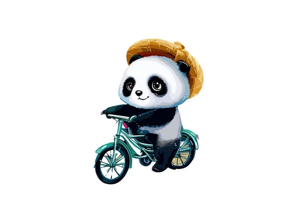 Watercolor Panda Bear Riding Bike Στην Ύπαιθρο — Διανυσματικό Αρχείο