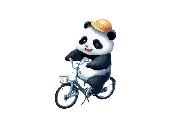 Acuarela Panda Bear Montar Bicicleta Countryside Road — Vector de stock