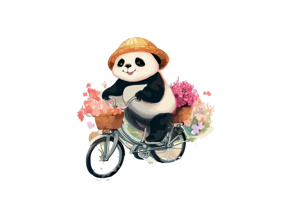 Watercolor Panda Bear Riding Bike Countryside Road — Stock Vector