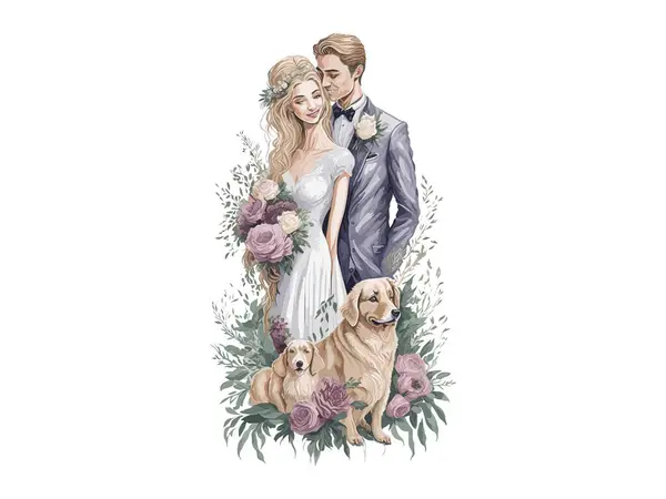Свадебная Пара Вышла Замуж Цветы — стоковый вектор