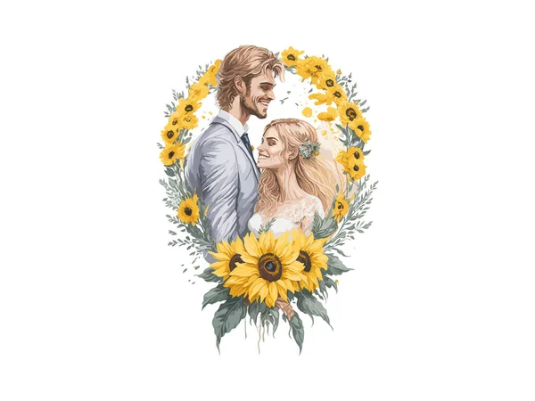 Couple Mariage Juste Marié Avec Fleurs — Image vectorielle